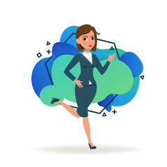 Young businesswoman in hurry. Female cartoon character in formal wear running to work in office. Flat vector illustration. Business, work concept for banner, website design or landing page