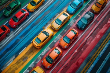  Vibrant colored electric cars speeding across a minimalist stage of abstract random colors patterns, emphasizing the theme of sustainable mobility with a sense of dynamic energy.