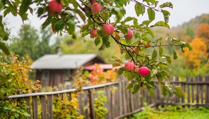 Fototapeta premium Seasonal Charm: Raining on Ripe Apples in a Ukrainian Garden