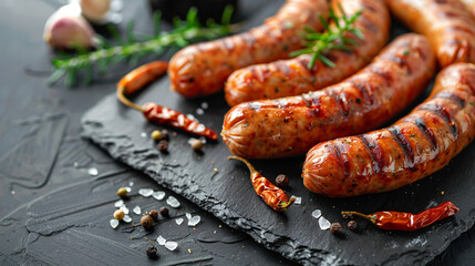 Slate board with tasty sausages on grunge background c