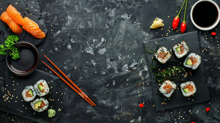 Slate board with tasty sushi cones rolls soy sauce gin