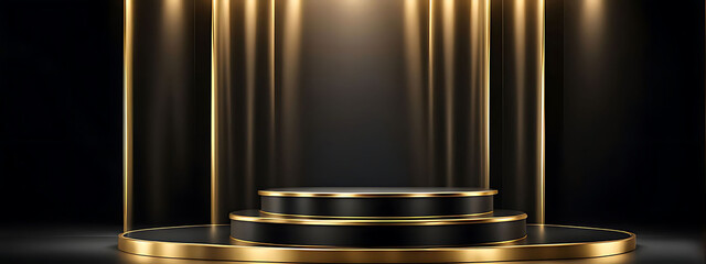 Gold black podium background 3D golden product line stage dark platform wave display. Design podium black luxury gold light scene pedestal presentation showcase event beauty shine object cosmetic
