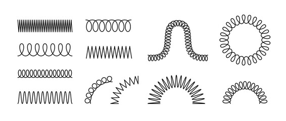 Spiral spring set. Black metal wire coil spring collection. Thin wire frames, zigzag lines, metal waves, flexible coils and arch element pack for graphic design templates, decor, border. Vector bundle
