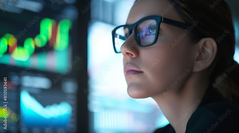 Poster professional financial analyst in eyewear analyzing complex data on computer monitor for strategic b