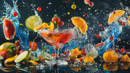 Dynamic splash of colorful fruits and citrus in a cocktail glass against a dark background