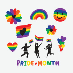 rainbow lgbt flag and celebrate pride month vector flat illustration. LGBTQ support symbols for social media banner, post, greeting card and poster