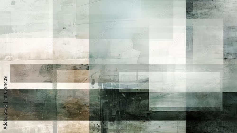 Poster abstract composition with transparent layers and muted tones, featuring a white square, a red circle