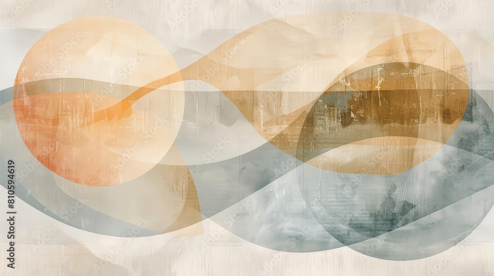 Poster abstract composition with transparent layers and muted tones, featuring a white circle, a red square