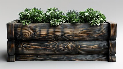 Photo of a wooden planter box filled with green plants on a white background
