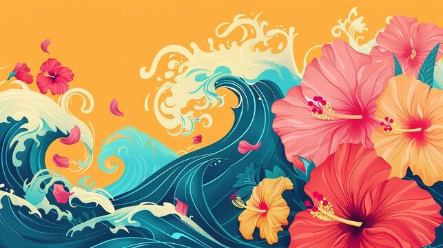 Radiant AAPI Cultural Mosaic: Waves and Tropical Blooms