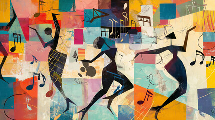 Vibrant Abstract Artwork with Dynamic Figures and Musical Elements