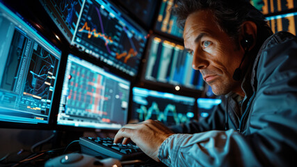 Financial Trader Monitoring Market Data on Screens. Financial trader analyzes real-time stock market data across multiple monitors in a high-tech trading floor environment.