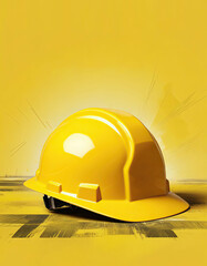 Hard hat on a yellow background. 3d illustration. Copy space.