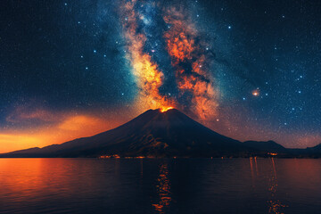 landscape with active erupting volcano on island in ocean against background of night starry sky with Milky Way