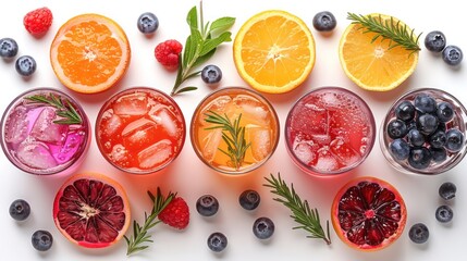Set of different delicious cocktails on white background, top view.