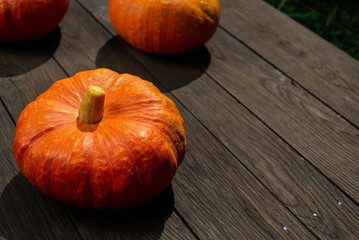 Close up view of cut pumpkin on wooden surface and nature background. Copy space