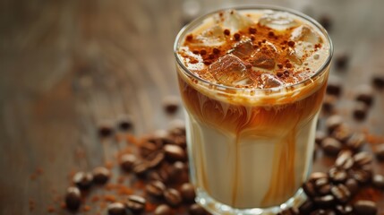 Iced coffee in a clear glass with visible layers of espresso, milk, and foam, topped with ice cubes, offering a refreshing and trendy drink option.