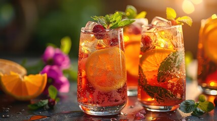 Group of summer drinks, including an Aperol spritz, sangria, and iced tea, offering a variety of vibrant and flavorful options for hot days.