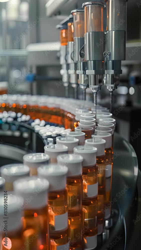 Poster a line of orange and white bottles are being filled with pills. the bottles are lined up on a convey