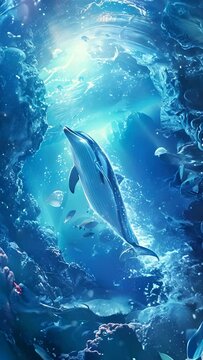 A dolphin is swimming in the ocean with a school of fish. Vertical video