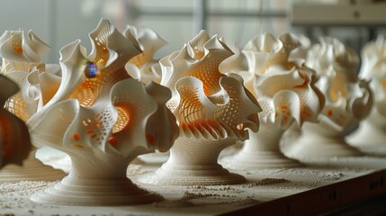 Futuristic 3d printing process in light room with modern printer creating plastic parts