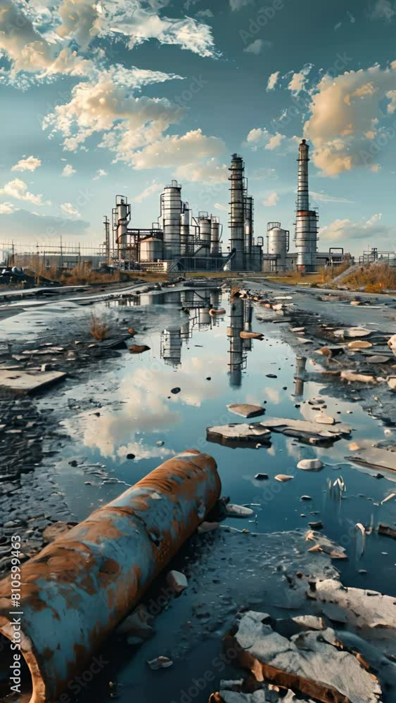 Poster a rusty pipe is floating in a flooded area. the sky is cloudy and the sun is setting. vertical video