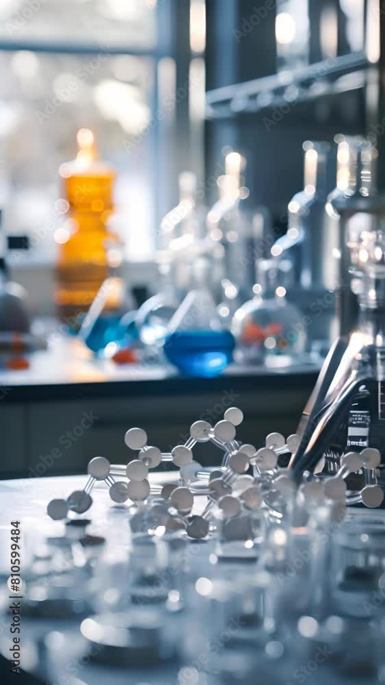Aufkleber a lab table with many glass beakers and bottles of various colors. the table is cluttered with many 