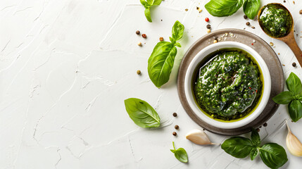 Spoon and bowl with fresh pesto sauce on white background - Powered by Adobe