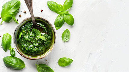 Spoon and bowl with fresh pesto sauce on white background