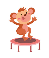 Cute monkey jumping on trampoline. Cartoon characters. Isolated vector illustration on white background. 