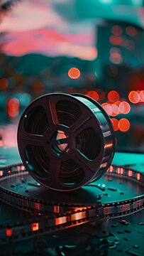 A silver film reel sits on a table with a blue background. The scene is set in a city with a bright orange sky. Scene is nostalgic romantic, as the film reel evokes memories bygone era. Vertical video