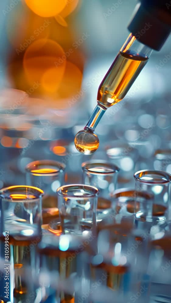 Poster a drop of liquid is being poured into a series of small glass vials. the vials are lined up in a row