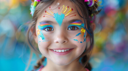 Obraz premium Portrait of a happy young girl with intricate rainbow and heart face paint, showcasing a joyful expression.