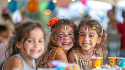 Three young girls with bright face paint smiling and having fun at a vibrant birthday party with balloons.