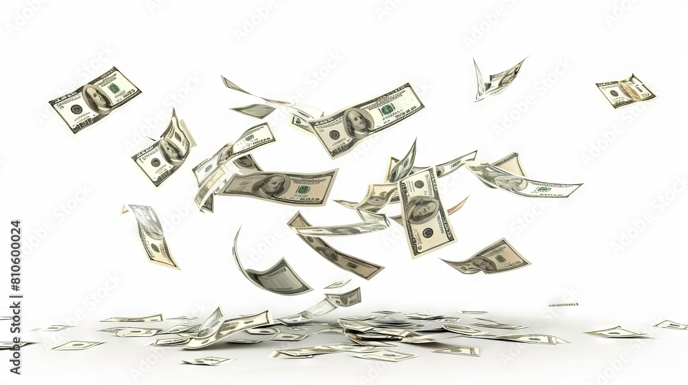 Poster cash in motion: an array of currency notes fluttering gracefully against a pristine white backdrop