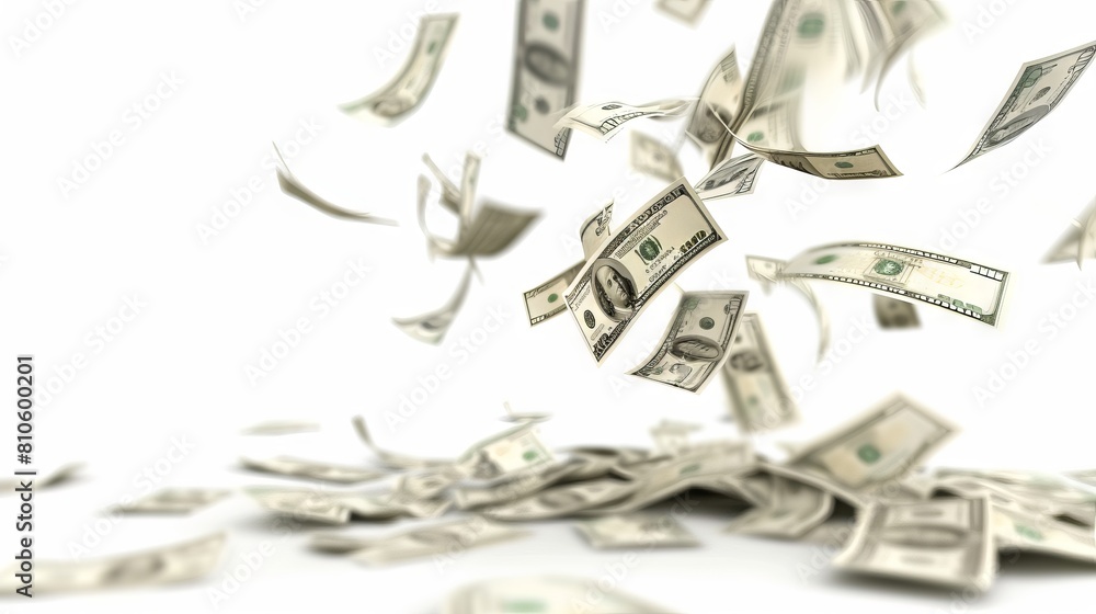 Poster cash in motion: an array of currency notes fluttering gracefully against a pristine white backdrop