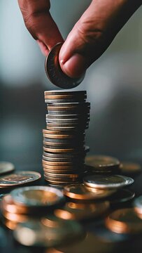 A hand is reaching for a stack of coins. The coins are of different sizes and colors, and they are piled on top of each other. Concept of abundance and wealth. Vertical video