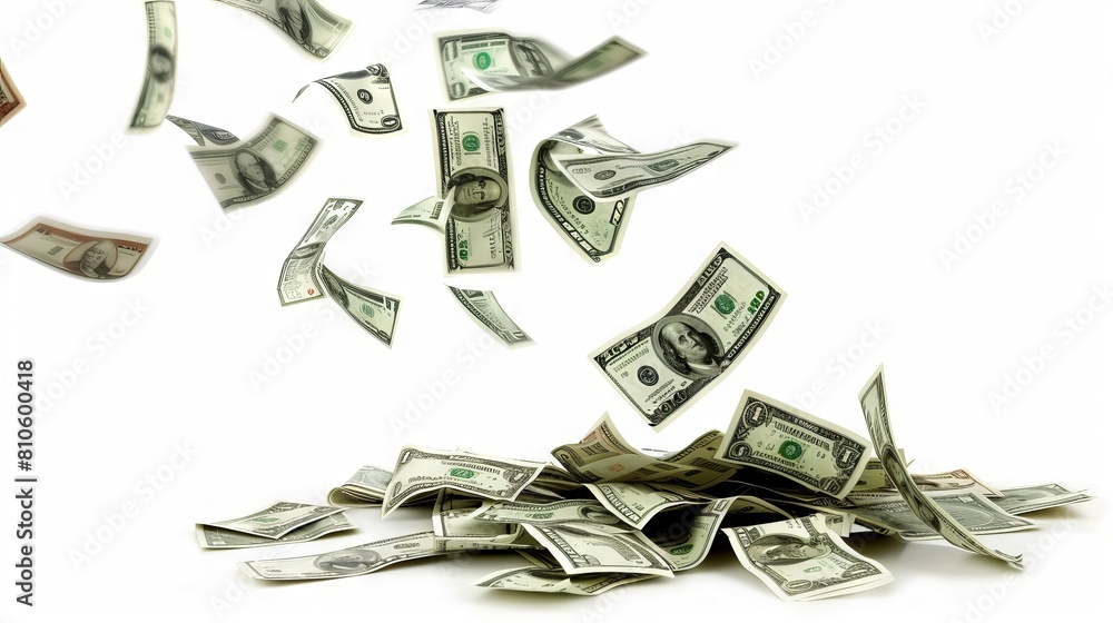 Poster cash in motion: an array of currency notes fluttering gracefully against a pristine white backdrop