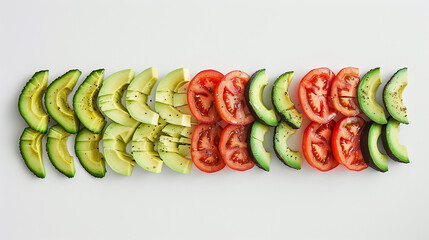 Crisp display of tomatoes and avocados in alternating rows on white.
