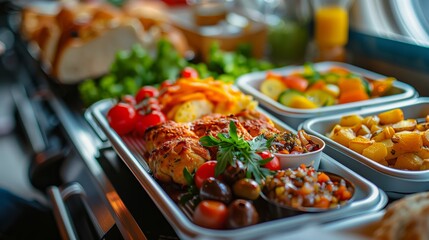 Gourmet Meal Service in Private Jet Setting. Exquisite gourmet meal service on a private jet, showcasing a variety of colorful, freshly prepared dishes.