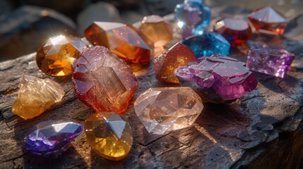 Sparkling Multicolored Gemstones on Rustic Wooden Surface