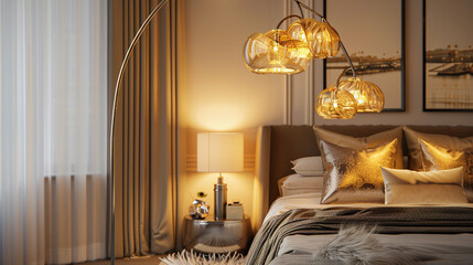 Rich gold and nickel floor lamp, a luxurious bedroom addition.