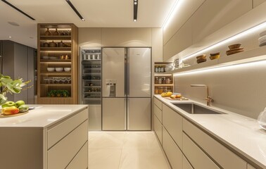 A beige kitchen with an integrated refrigerator and cabinets, featuring neutral tones and clean lines for a modern look