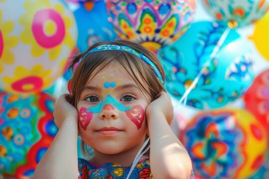 Close up of little hands in face paint tightly grasping the strings of colorful patterned balloons - Powered by Adobe