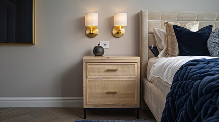 Contemporary modern bedroom with gold wall sconces, maple wood bedside cabinet, and navy blue blanket.