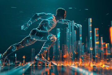 Athlete bound in sleek plastic rendering, body forming the peak of an aerodynamic 3D bar chart