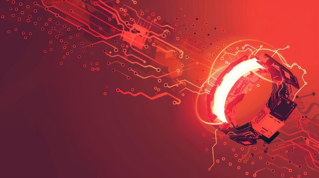 Blazing crimson ring levitating via electromagnetic microcoils over the circuit board of a bracelet crafted from recycled rocket parts