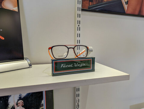 France, April 26, 2024: Designer eyeglasses by Facel Vega displayed on a shelf.