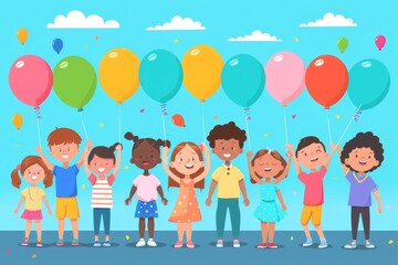 Fototapeta premium A diverse group of smiling kids holding an array of vibrant balloons against a bright blue sky