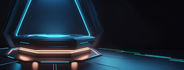 3d rendering illustration modern futuristic podium stage platform with neon lighting and black background for premium produt business technology.ai generated